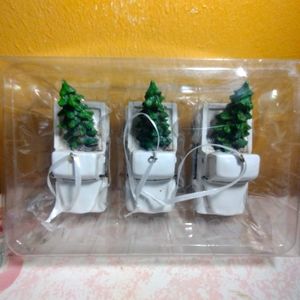 Three White Pickup Trucks With Christmas Trees Ornaments